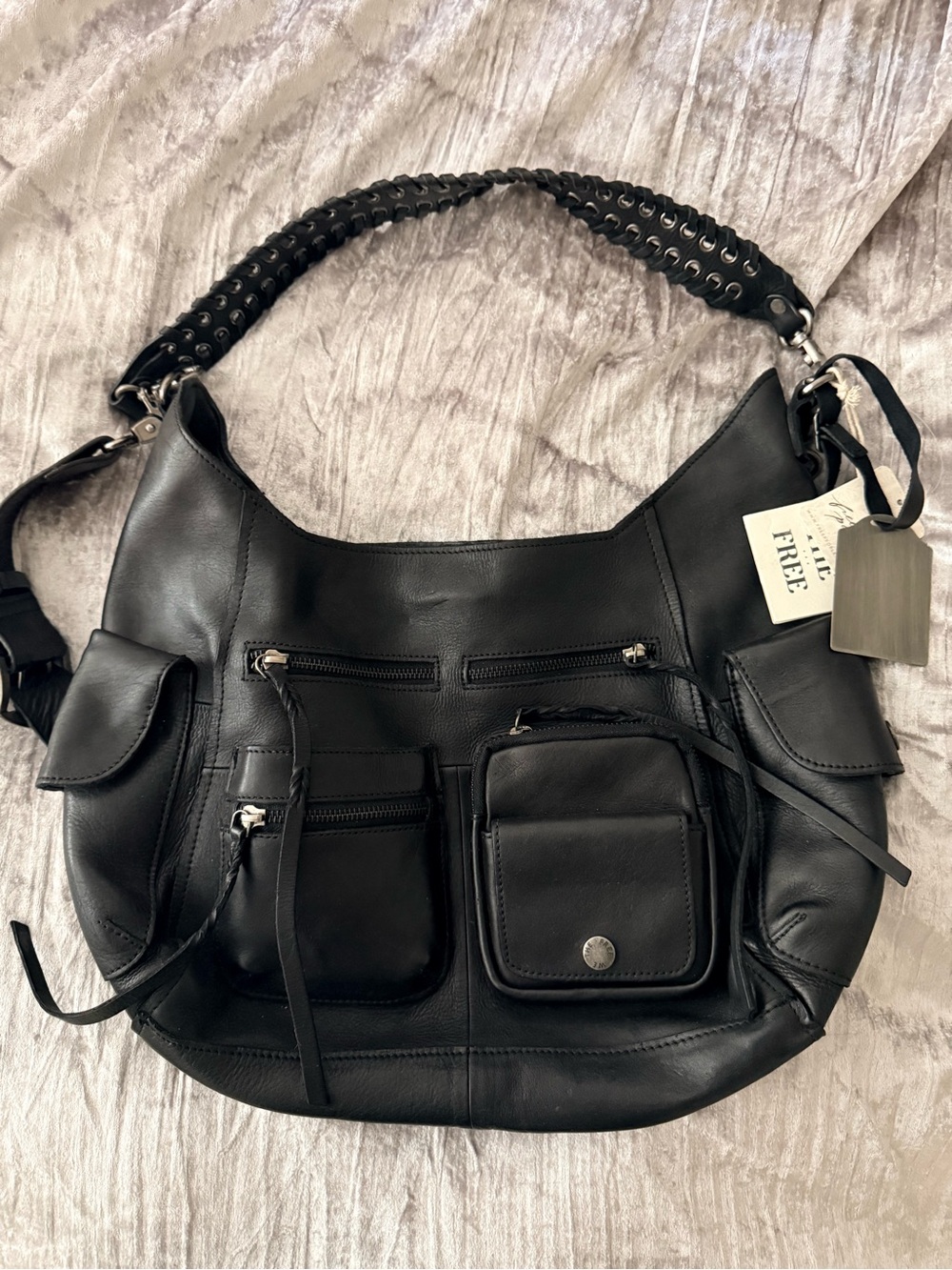 Free People Black Multi-Pocket Braided-Handle Shoulder Bag - Picture 4 of 5